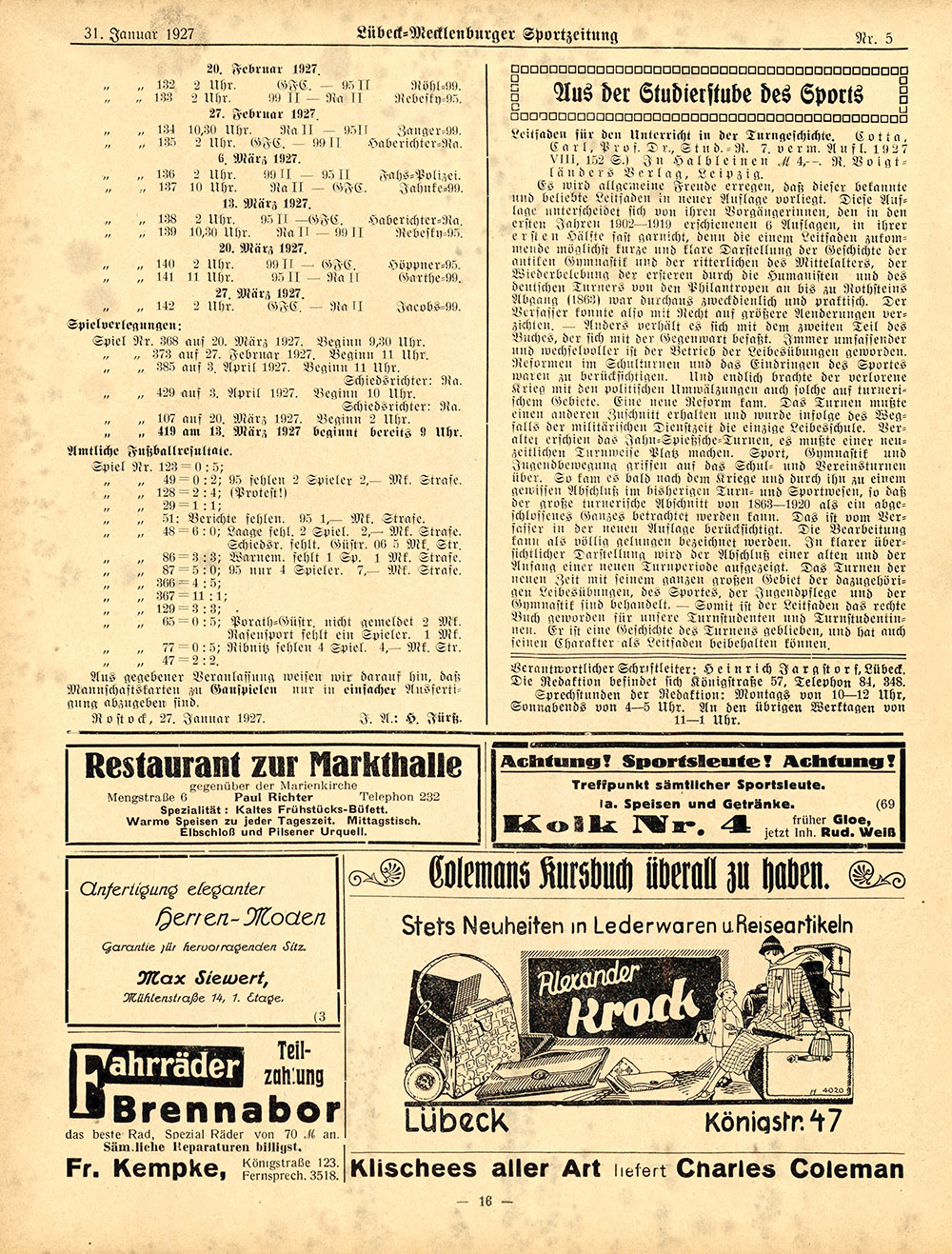 Die Lübeck-Mecklenburger Sport-Zeitung – Ausgabe vom 31.1.1927