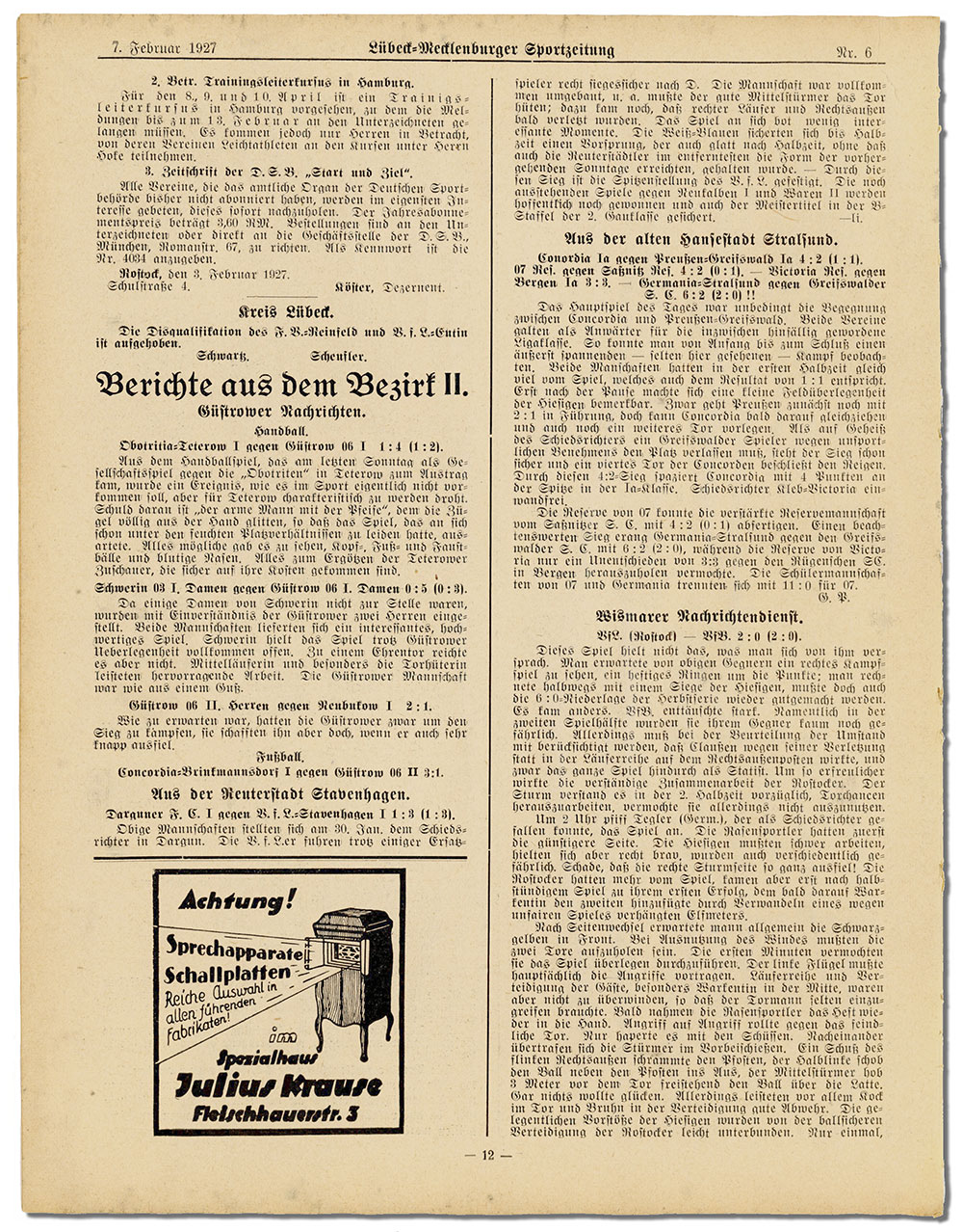 Die Lübeck-Mecklenburger Sport-Zeitung – Ausgabe vom 7.2.1927